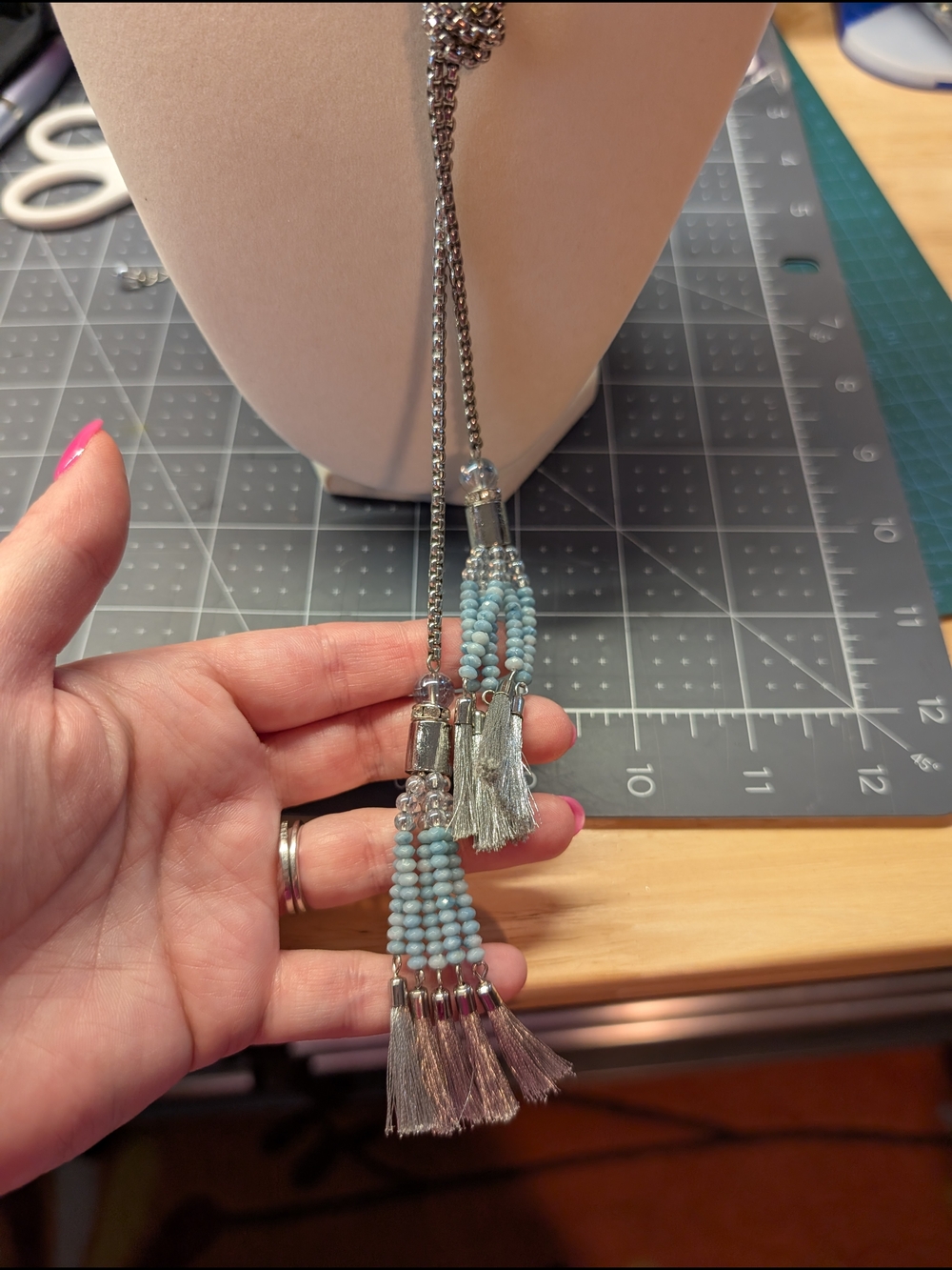 White House Black Market Pale Blue Beaded Tassel Necklace with Silver Accents